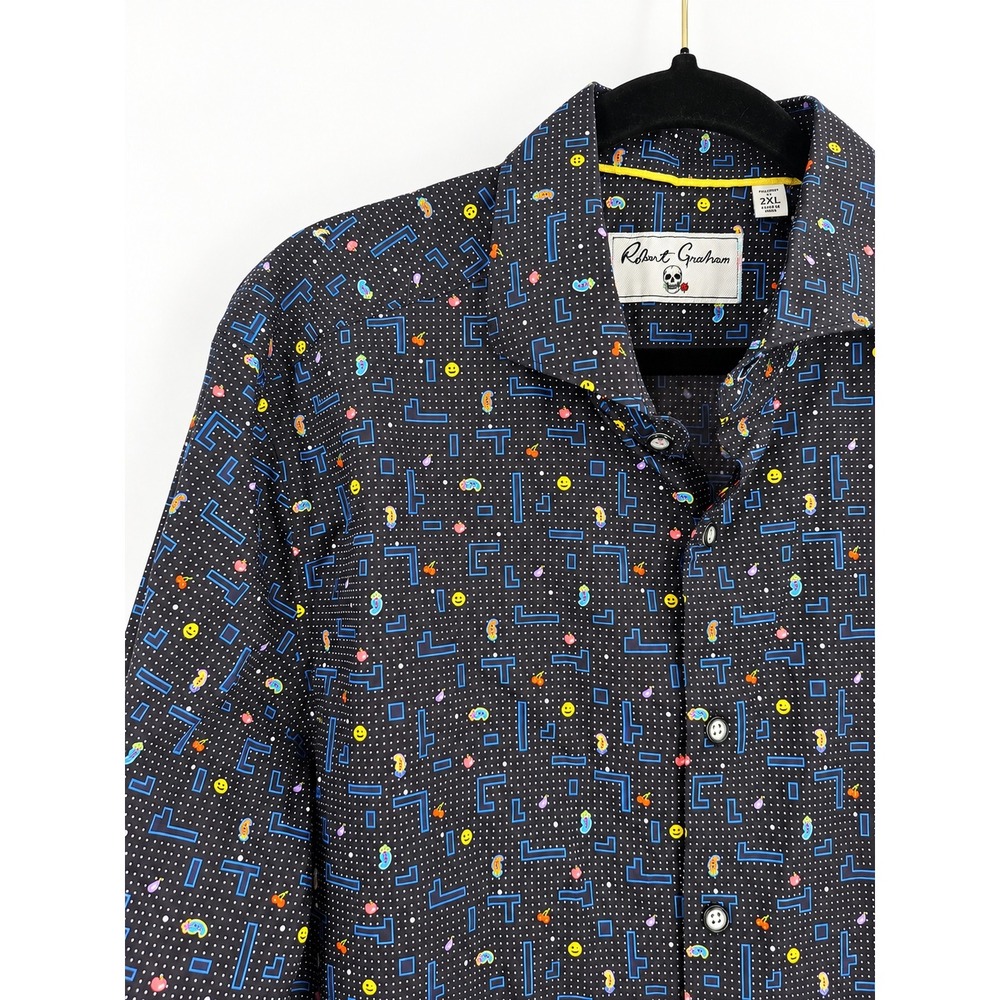 Robert Graham Button Down Shirt Mens 2XL Black Pacman Arcade Graphic Geekcore